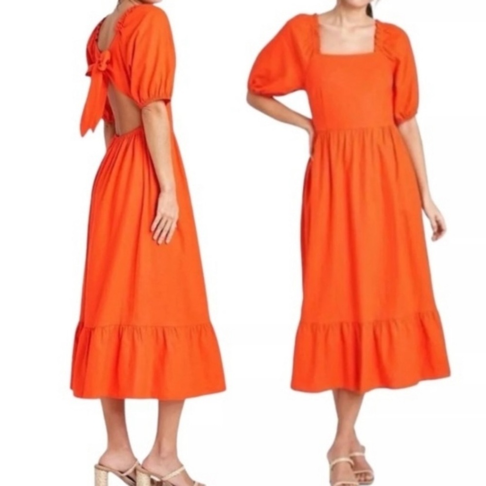 Who What Wear Orange Puff Sleeve Midi Dress with Back Cutout, S